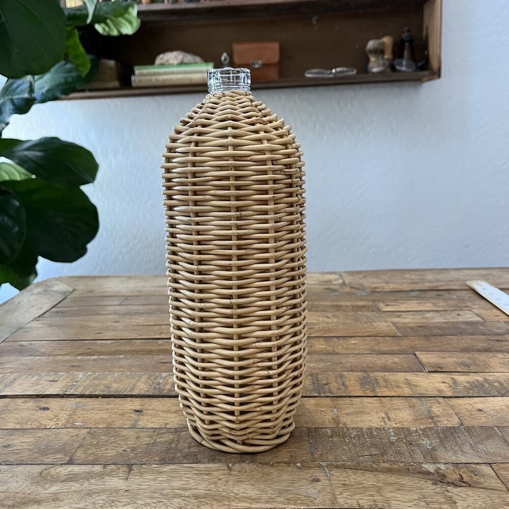 Crate & Barrel Wicker Wrapped Glass Bottle 10" Rattan Decor READ